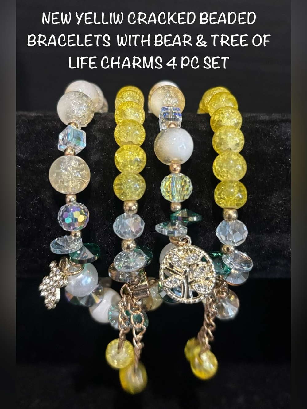 New Yellow Cracked Glass Beaded Bracelet W/Tree of Life & Bear Charms 4pc Set